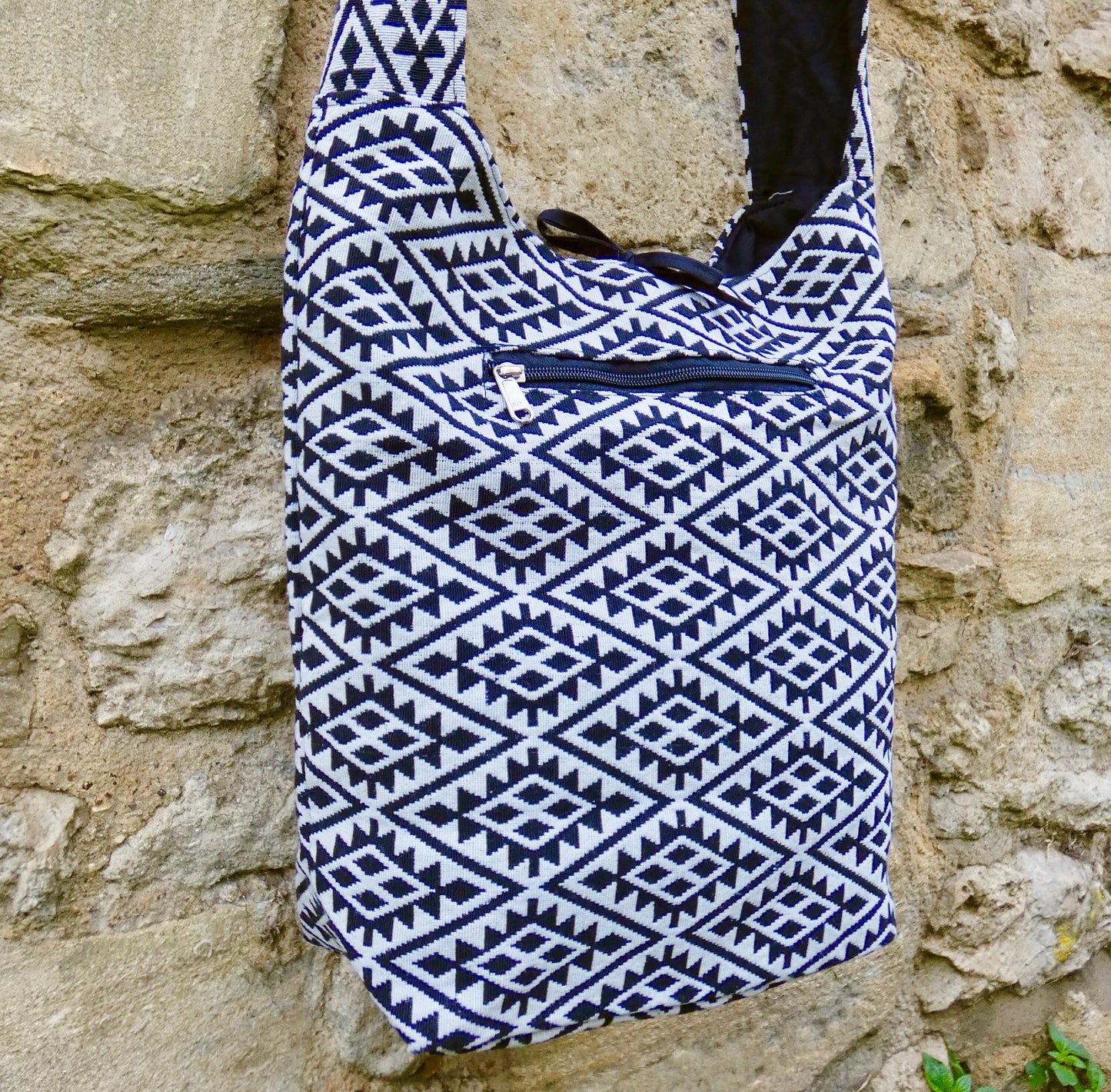 Blue Geometric Woven Cotton Bucket Bag