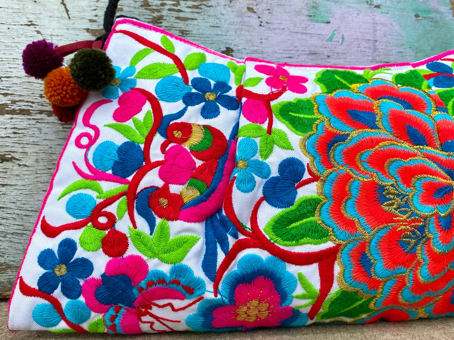 Red Floral Embroidered Crossbody Thai Sling Bag