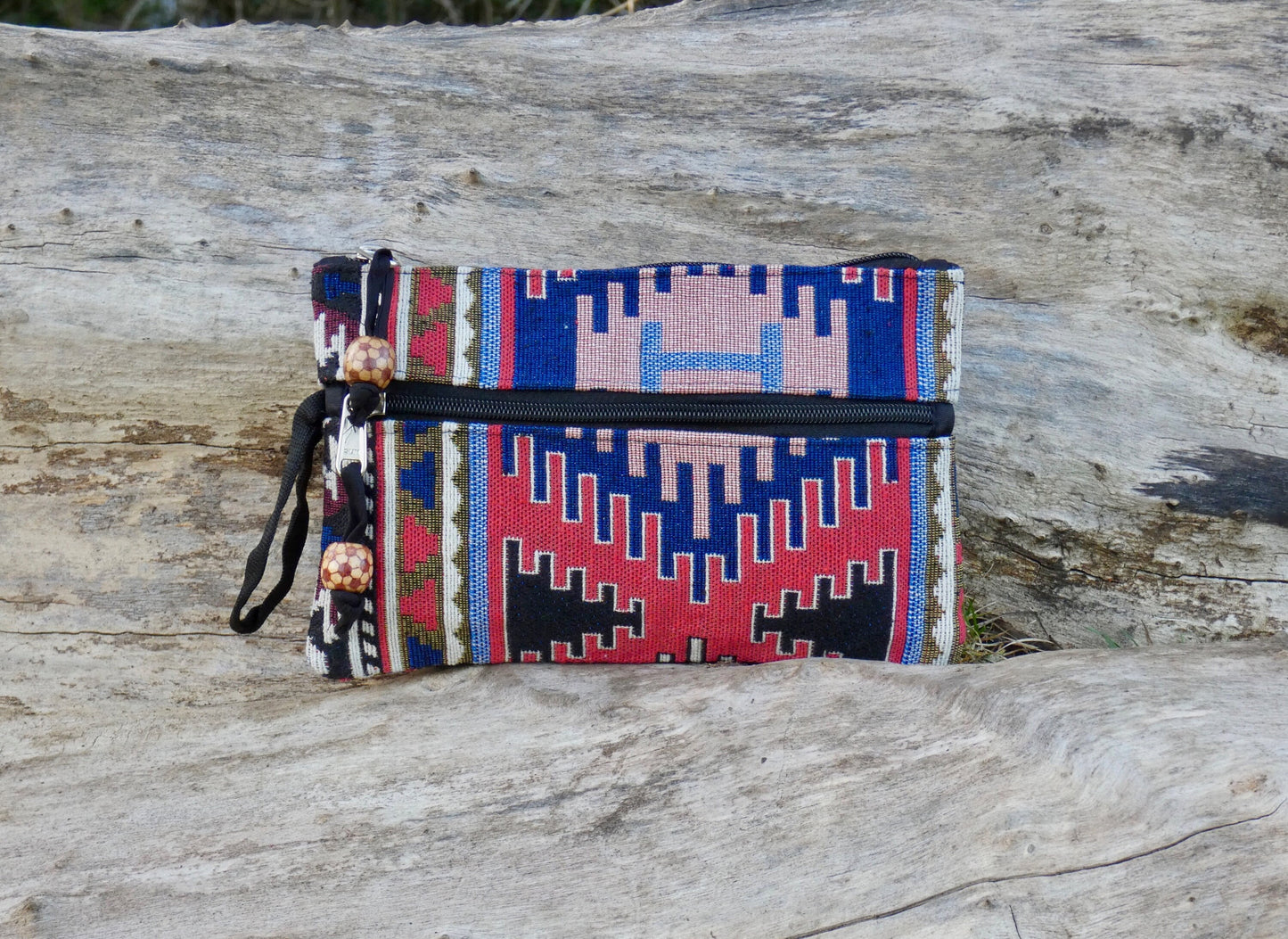 Upcycled Woven Cotton Jacquard Purse - Blue and Red
