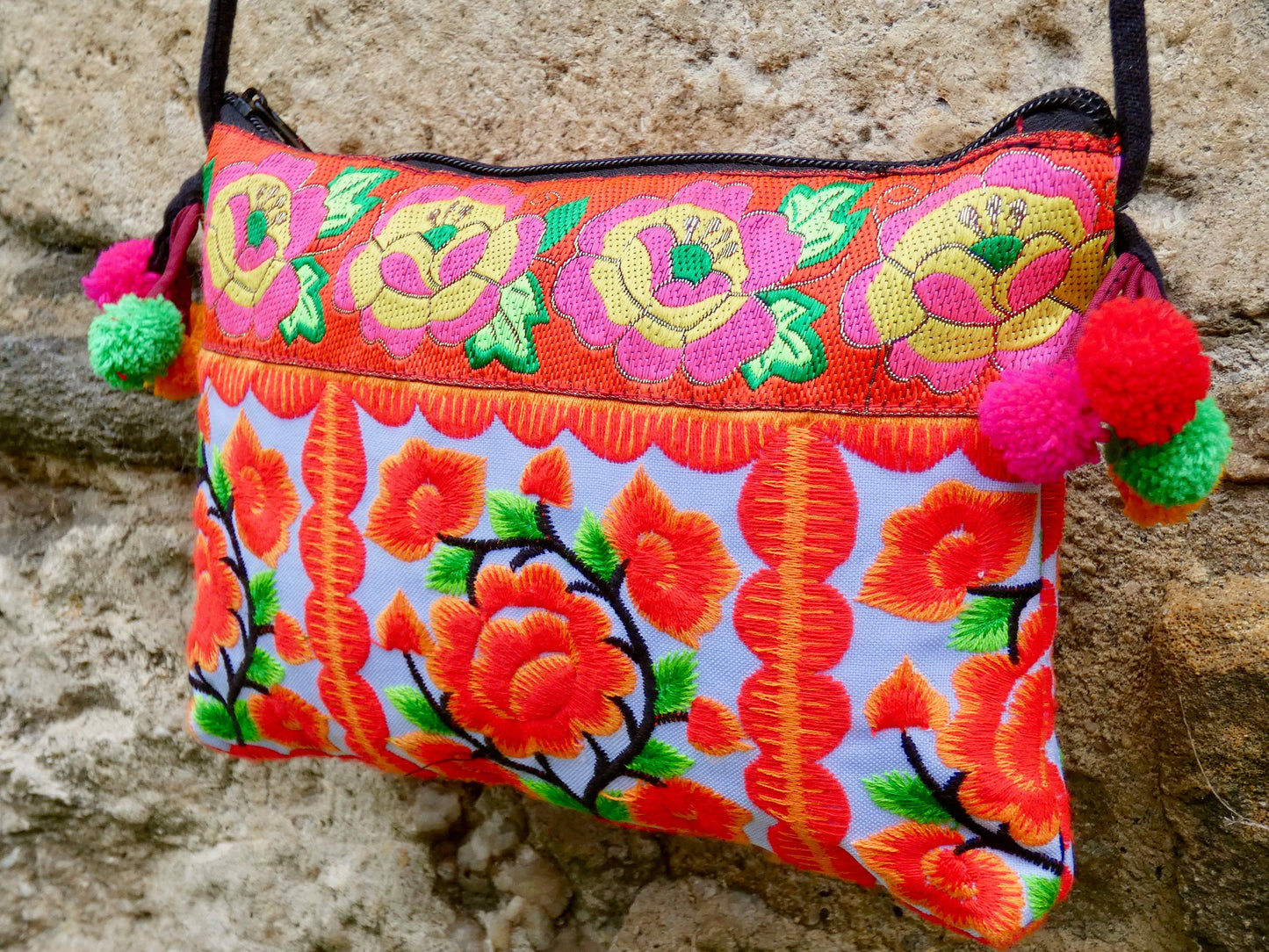 Orange Floral Hmong Embroidered Small Crossbody Bag