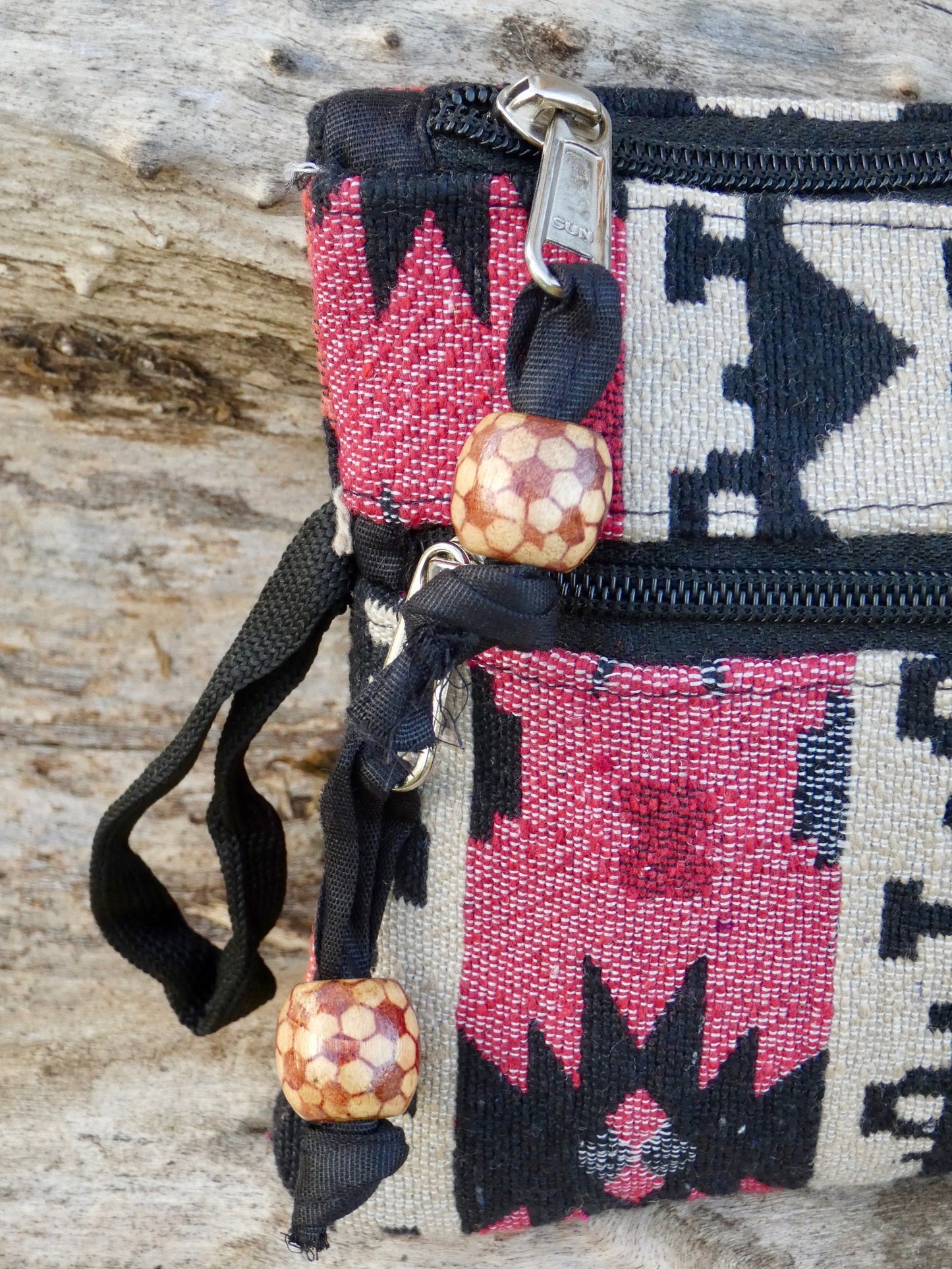 Upcycled Woven Cotton Jacquard Purse - Black and Coral