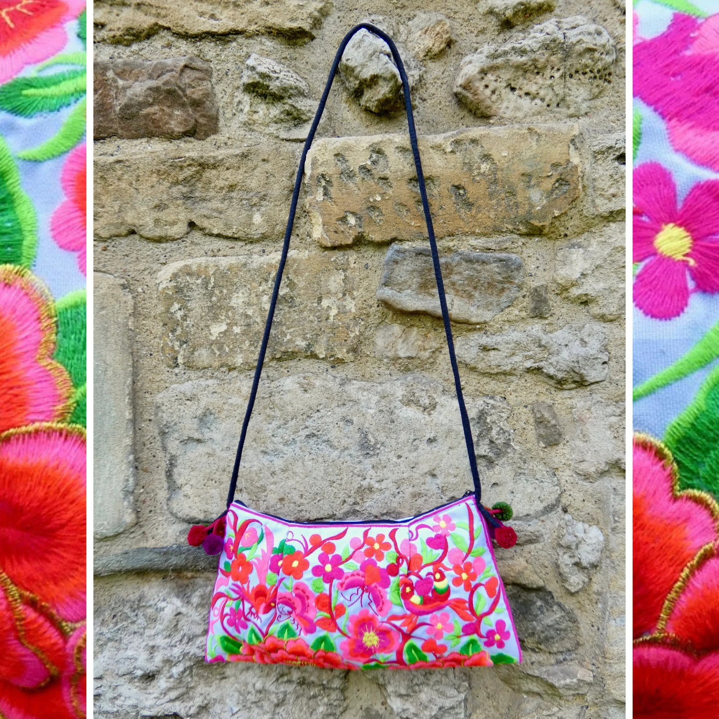 Coral Pink Floral Embroidered Crossbody Thai Sling Bag