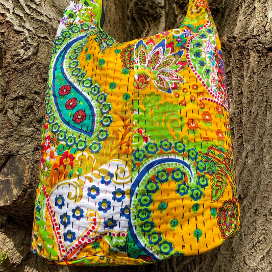 Yellow Indian Kantha Bucket Bag