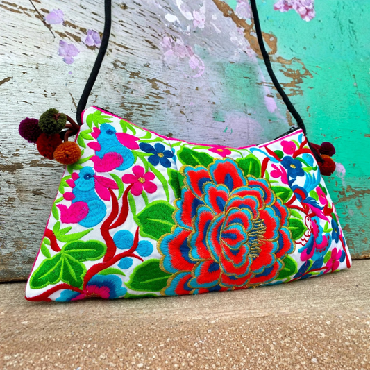 Red Floral Embroidered Crossbody Thai Sling Bag