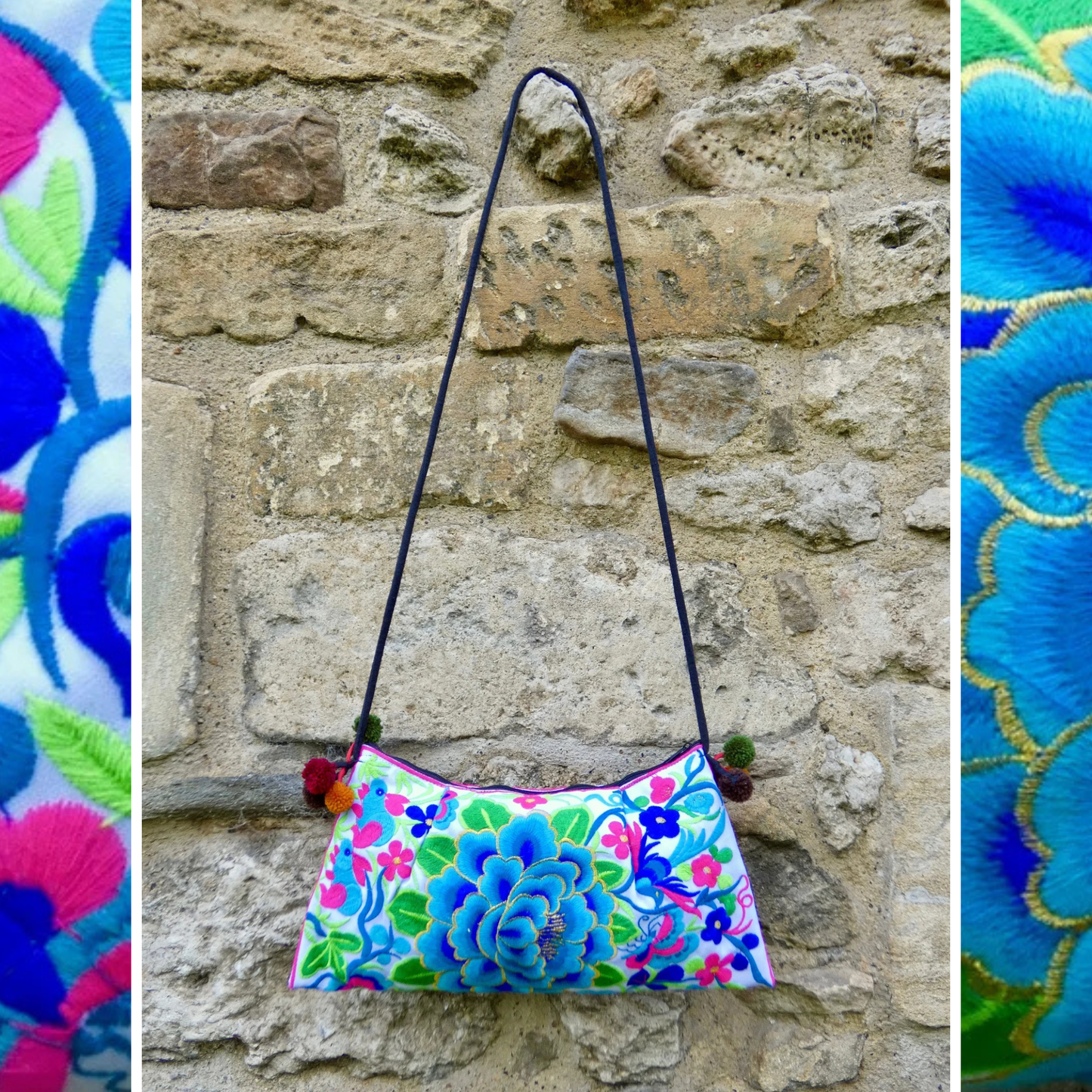 Blue Floral Embroidered Crossbody Thai Sling Bag