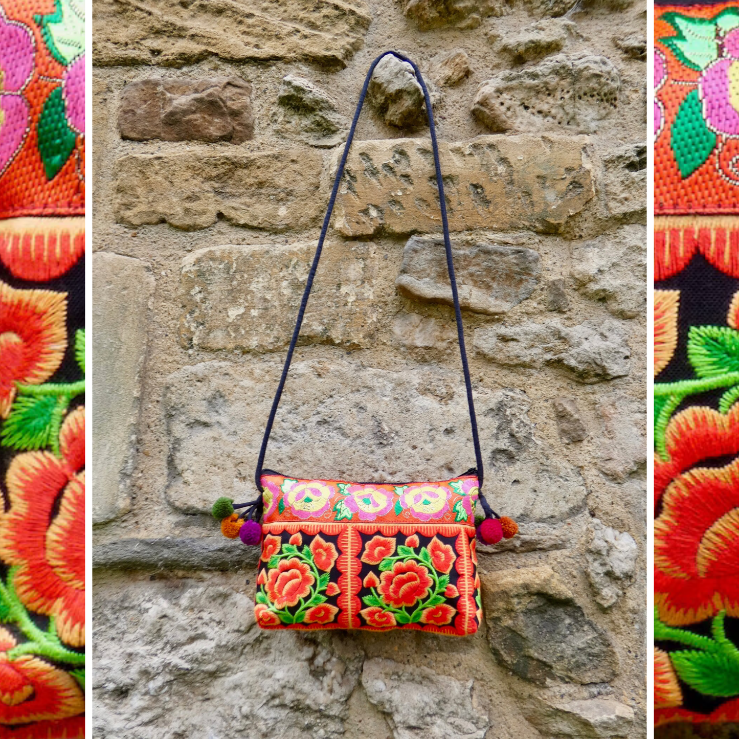 Orange Floral Embroidered Small Crossbody Thai Bag