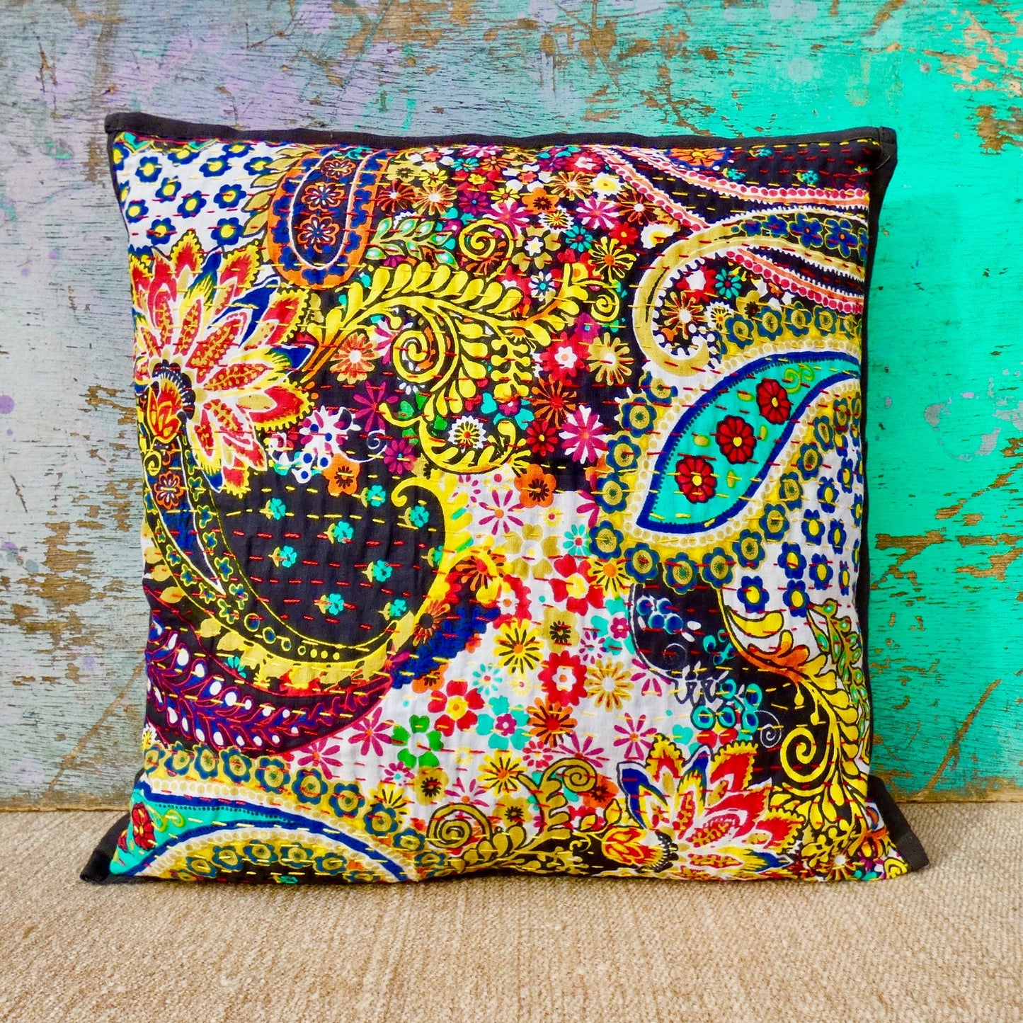 Black and Bright Paisley Kantha Cushion Cover