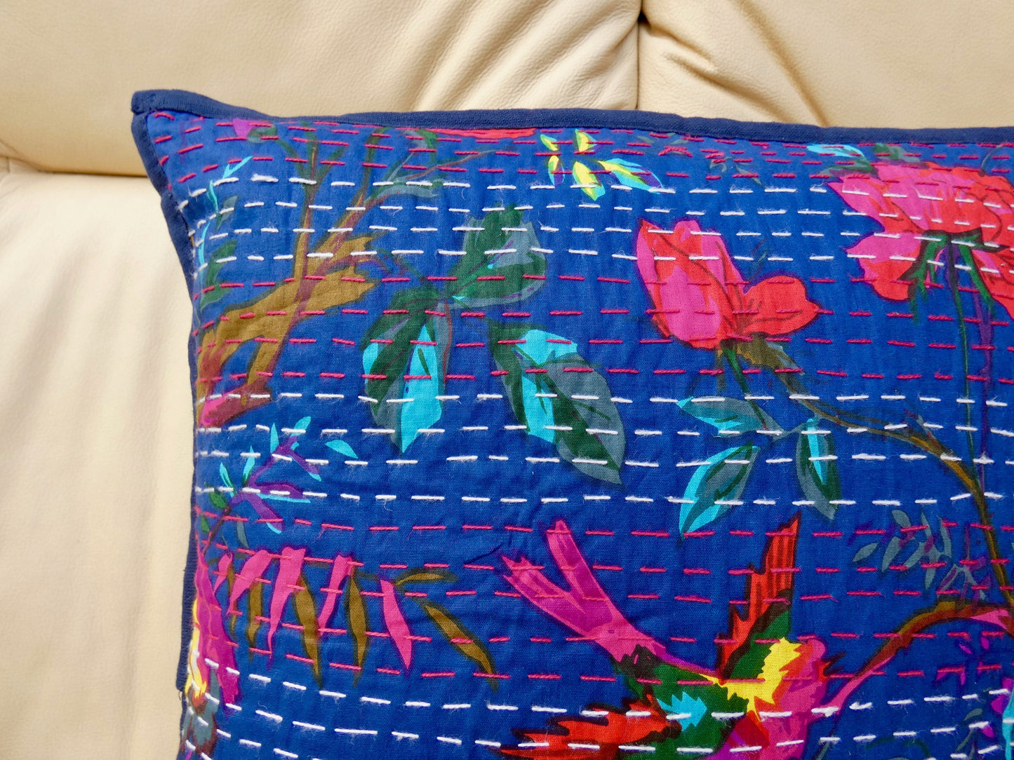 Blue Floral Kantha Cushion Cover