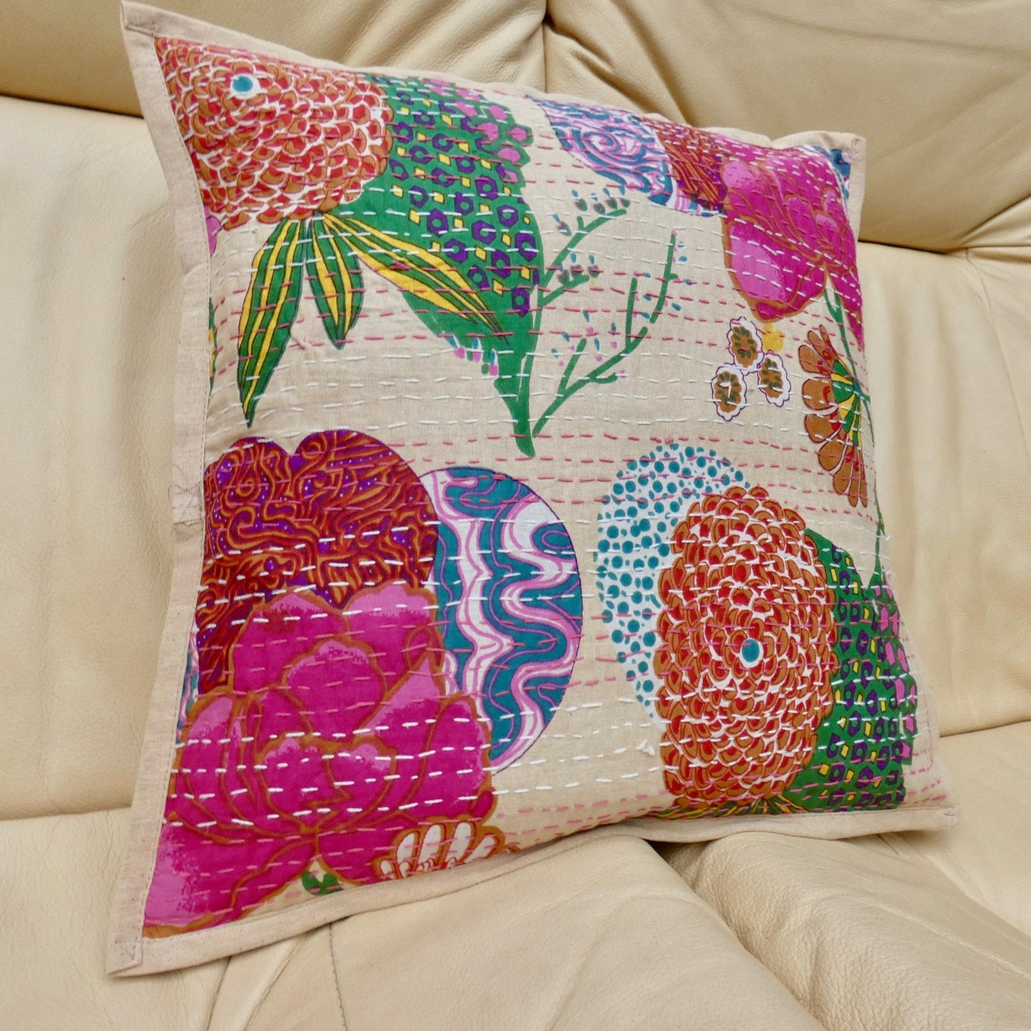 Beige Floral Kantha Cushion Cover