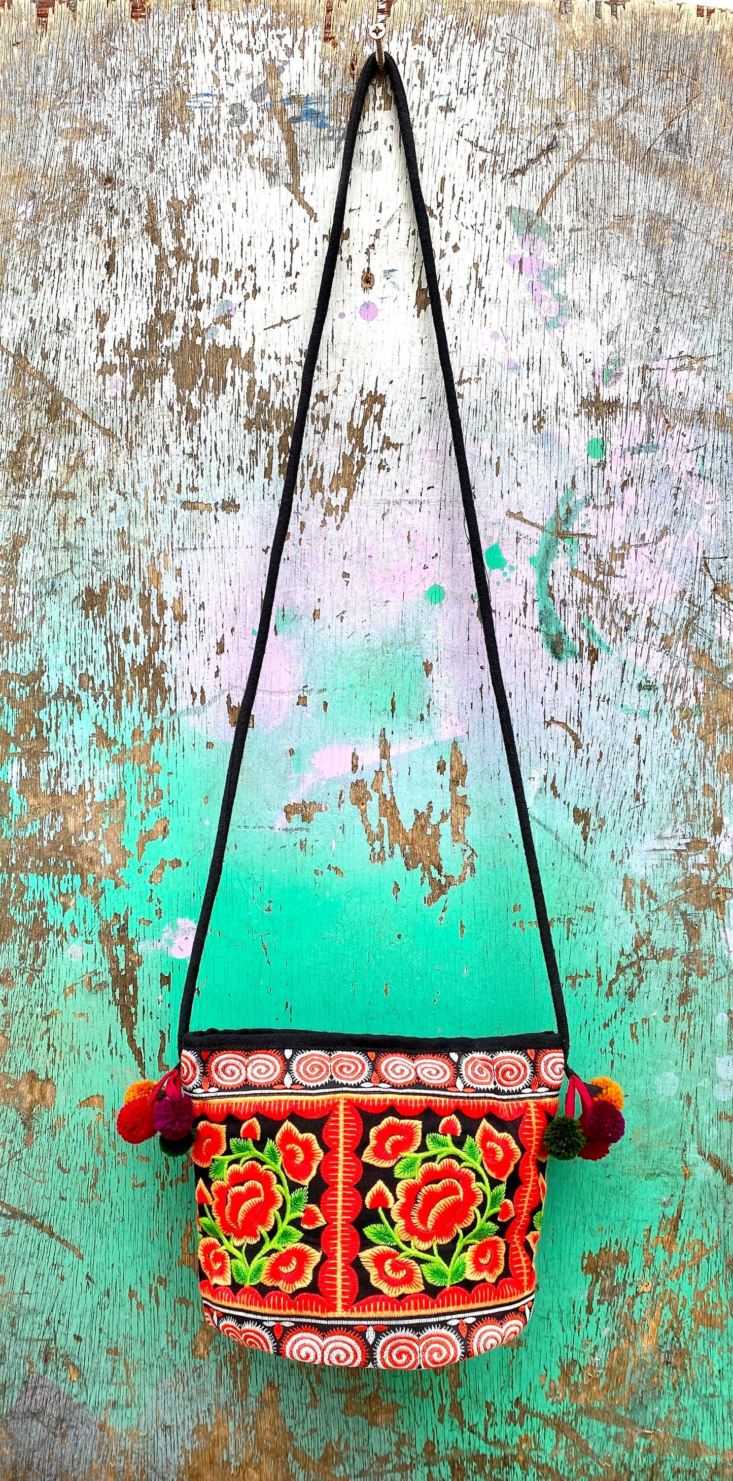 Red Floral Embroidered Thai Crossbody Bag