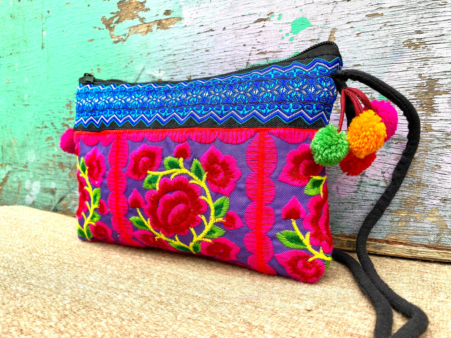 Pink Floral Hmong Embroidered Small Crossbody Bag