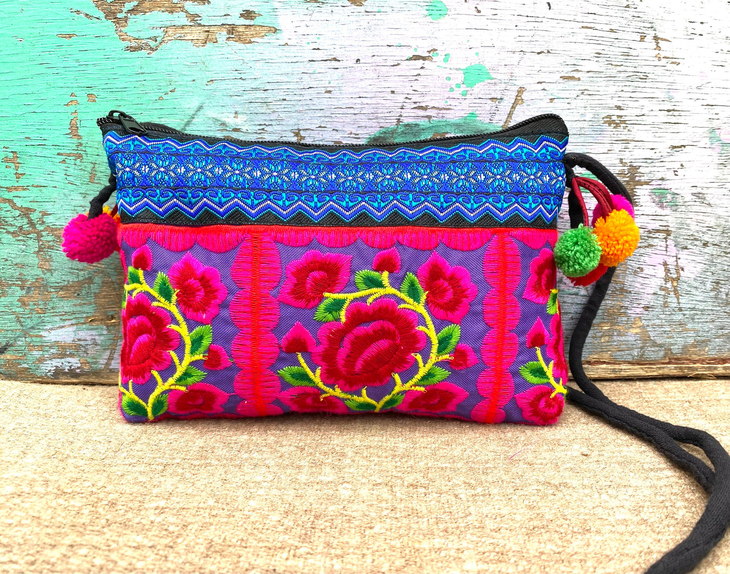 Pink Floral Hmong Embroidered Small Crossbody Bag