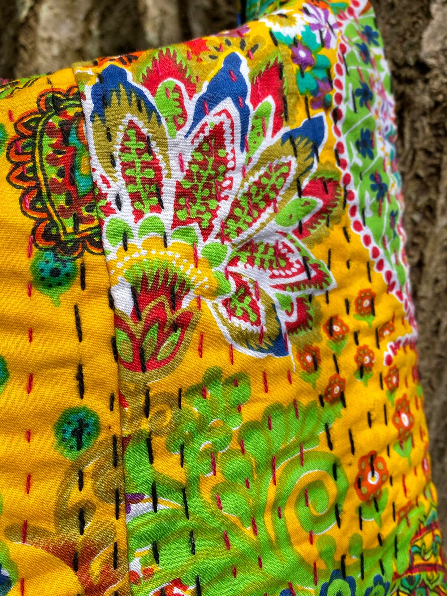 Yellow Indian Kantha Bucket Bag