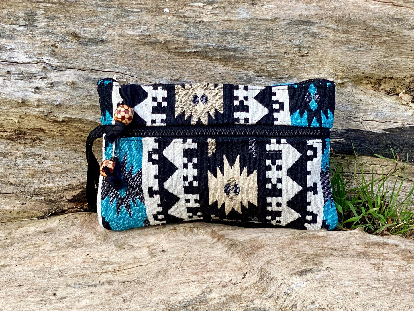 Upcycled Woven Cotton Jacquard Purse - Blue and Black