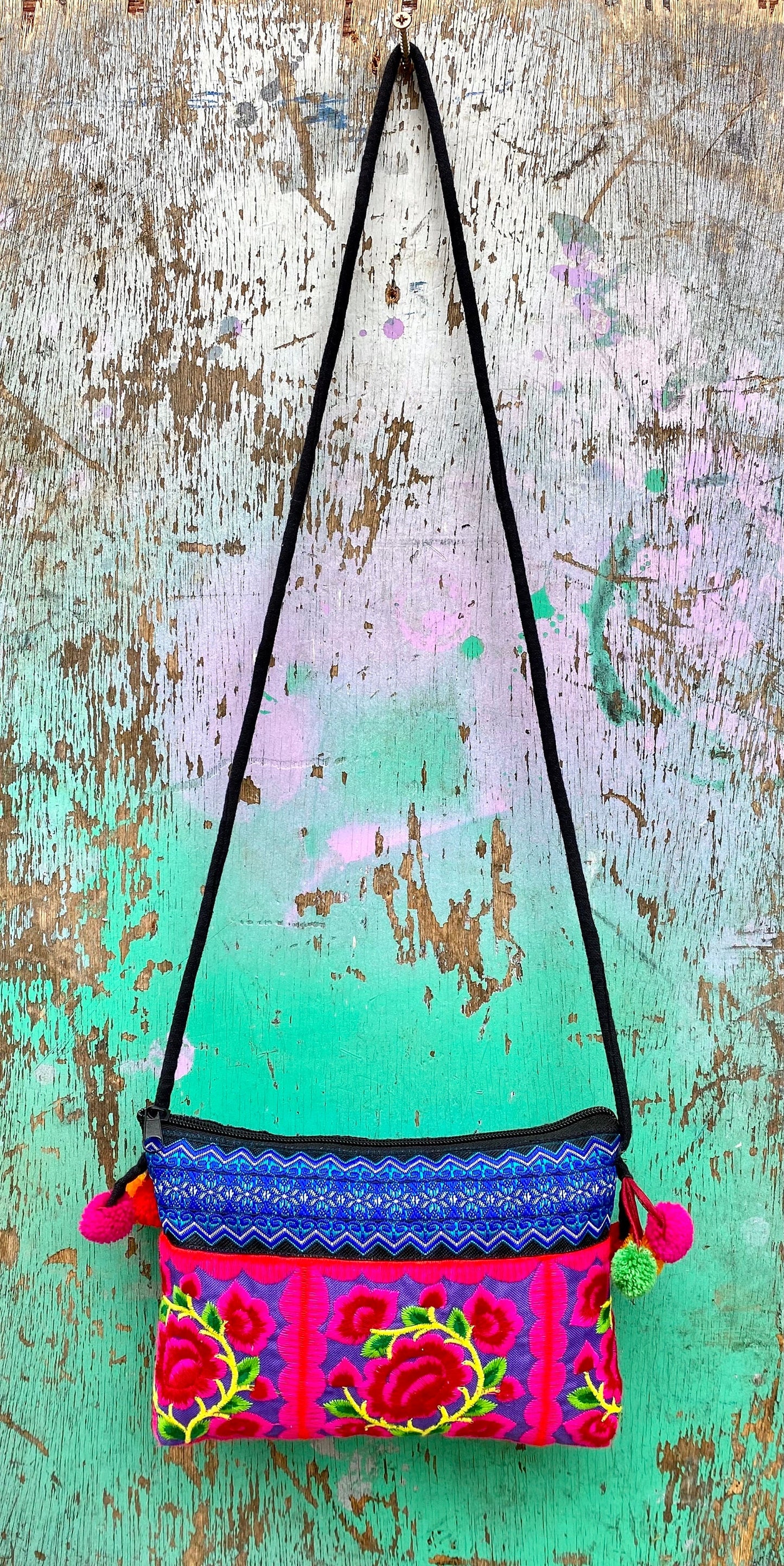 Pink Floral Hmong Embroidered Small Crossbody Bag