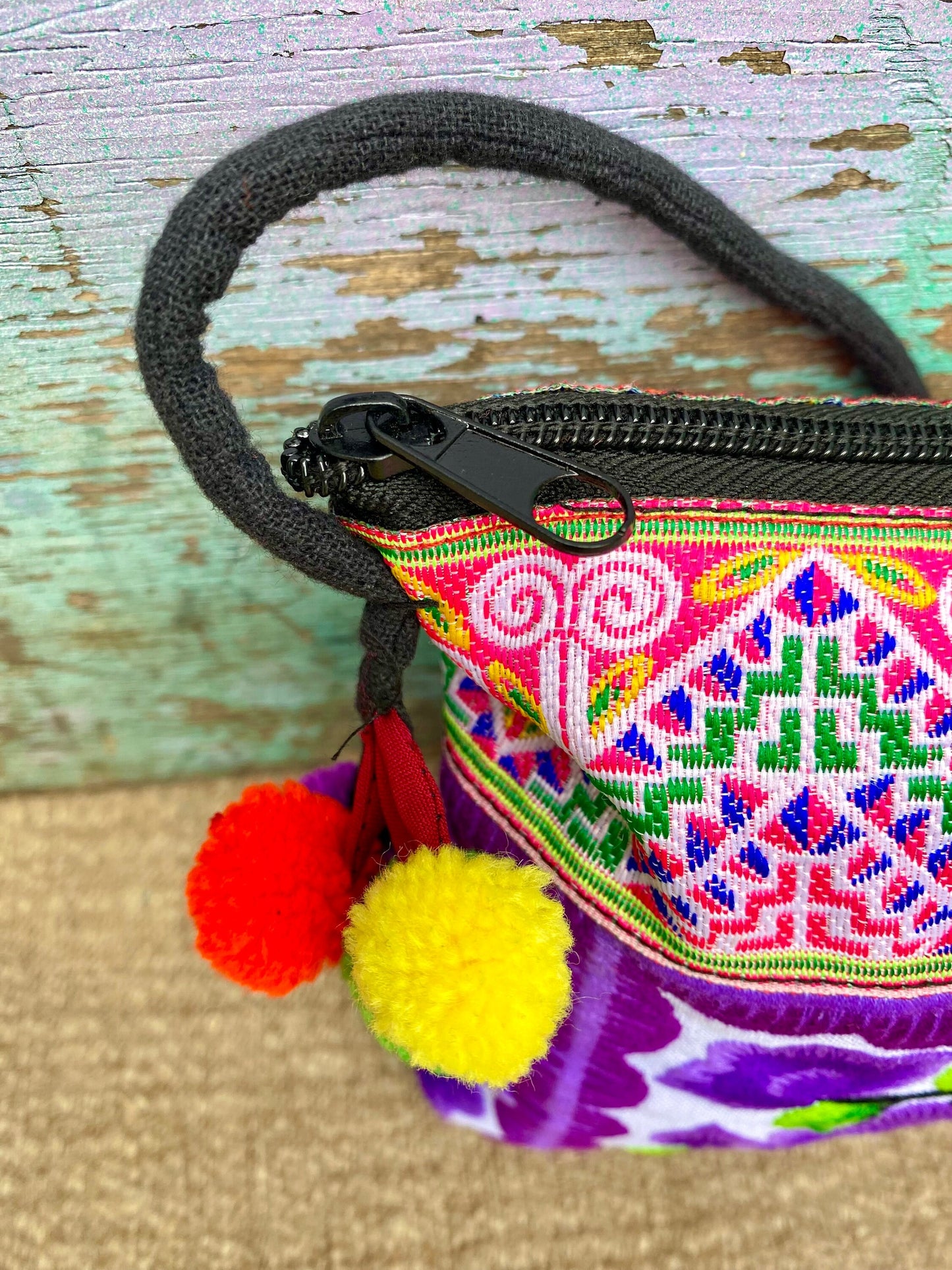 Purple Floral Hmong Embroidered Small Crossbody Bag