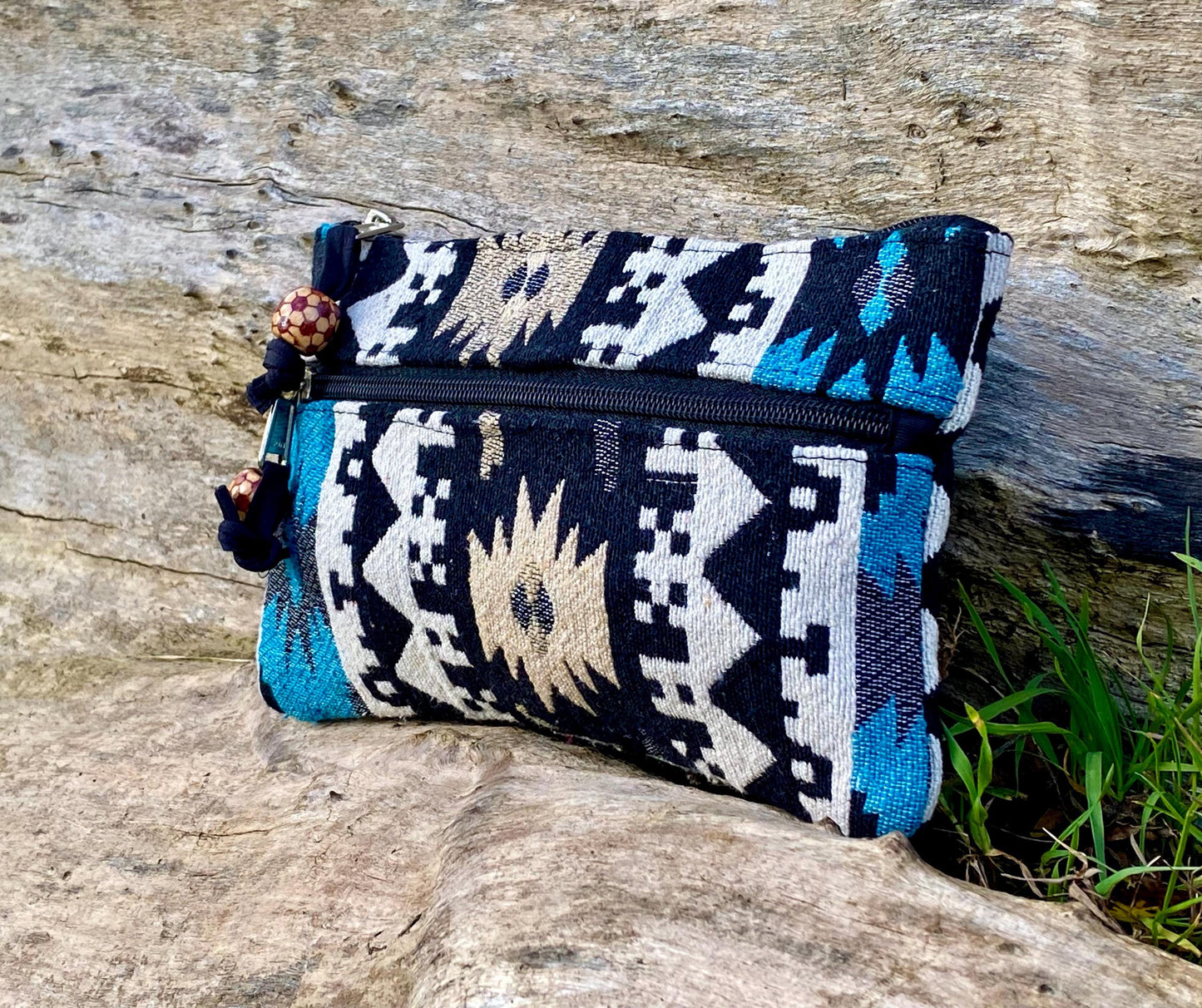 Upcycled Woven Cotton Jacquard Purse - Blue and Black