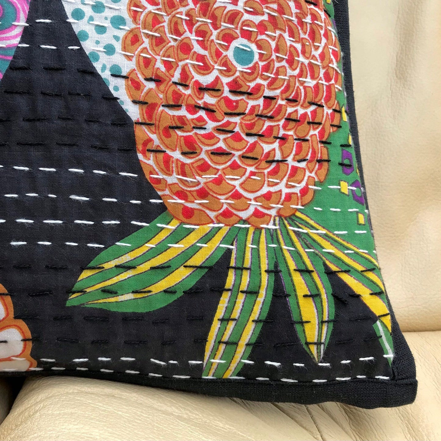 Black Floral Kantha Cushion Cover