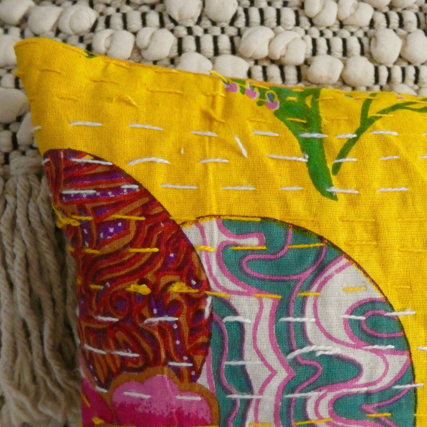 Yellow Floral Kantha Cushion Cover