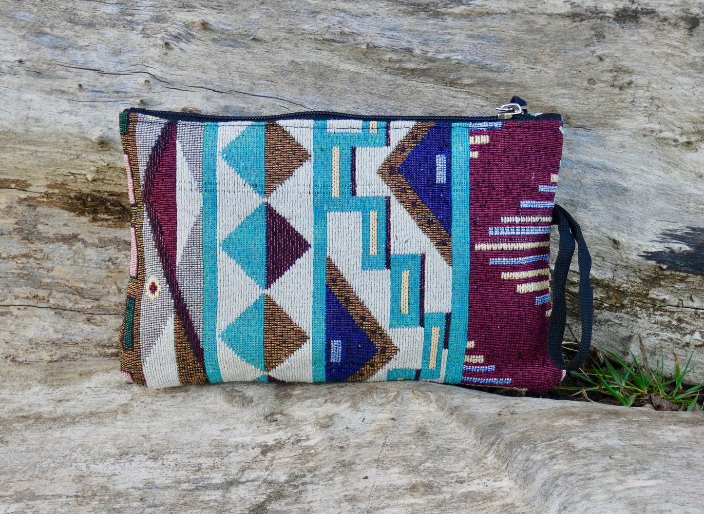 Upcycled Woven Cotton Jacquard Purse - Teal and Burgandy