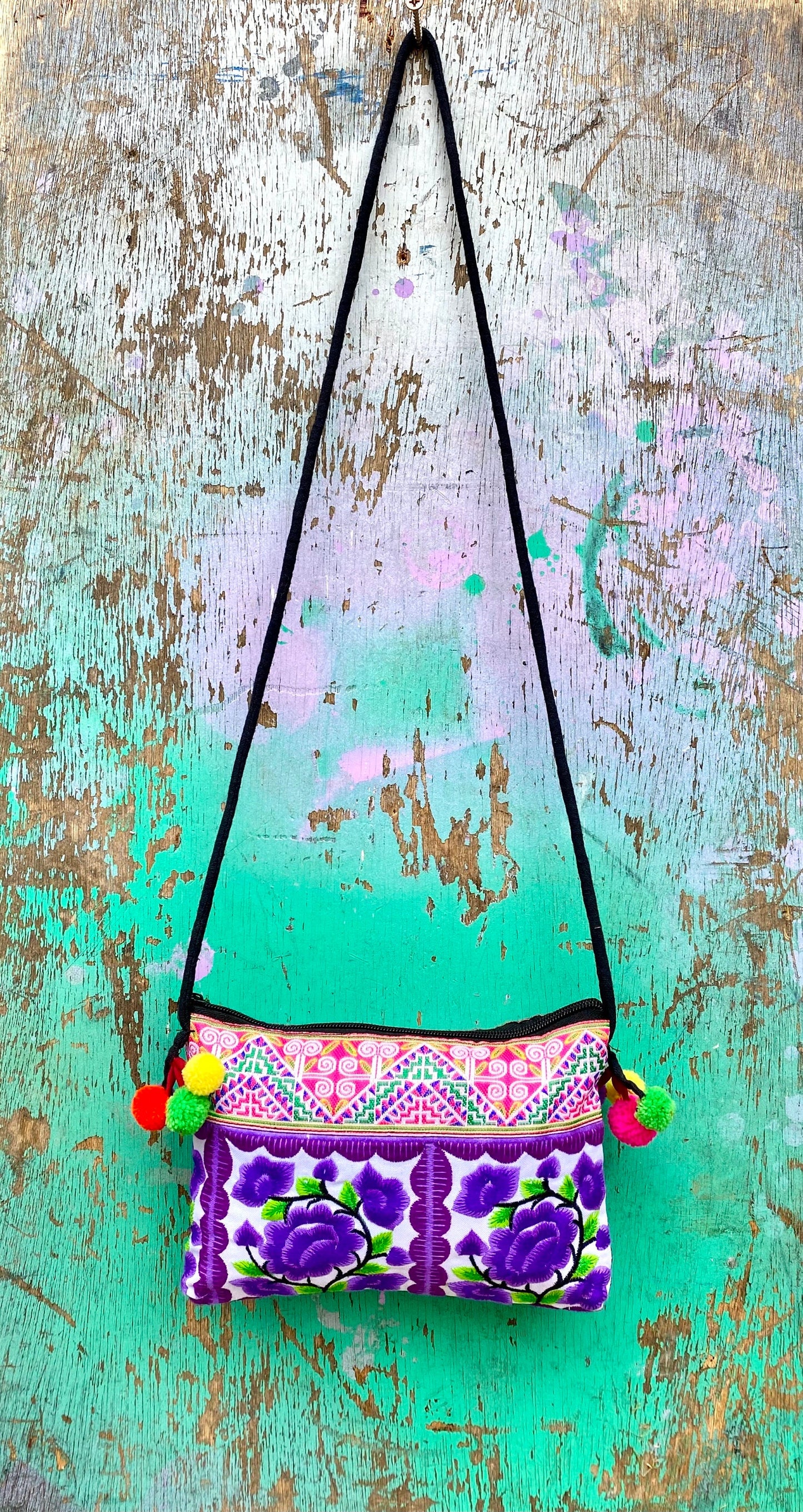 Purple Floral Hmong Embroidered Small Crossbody Bag