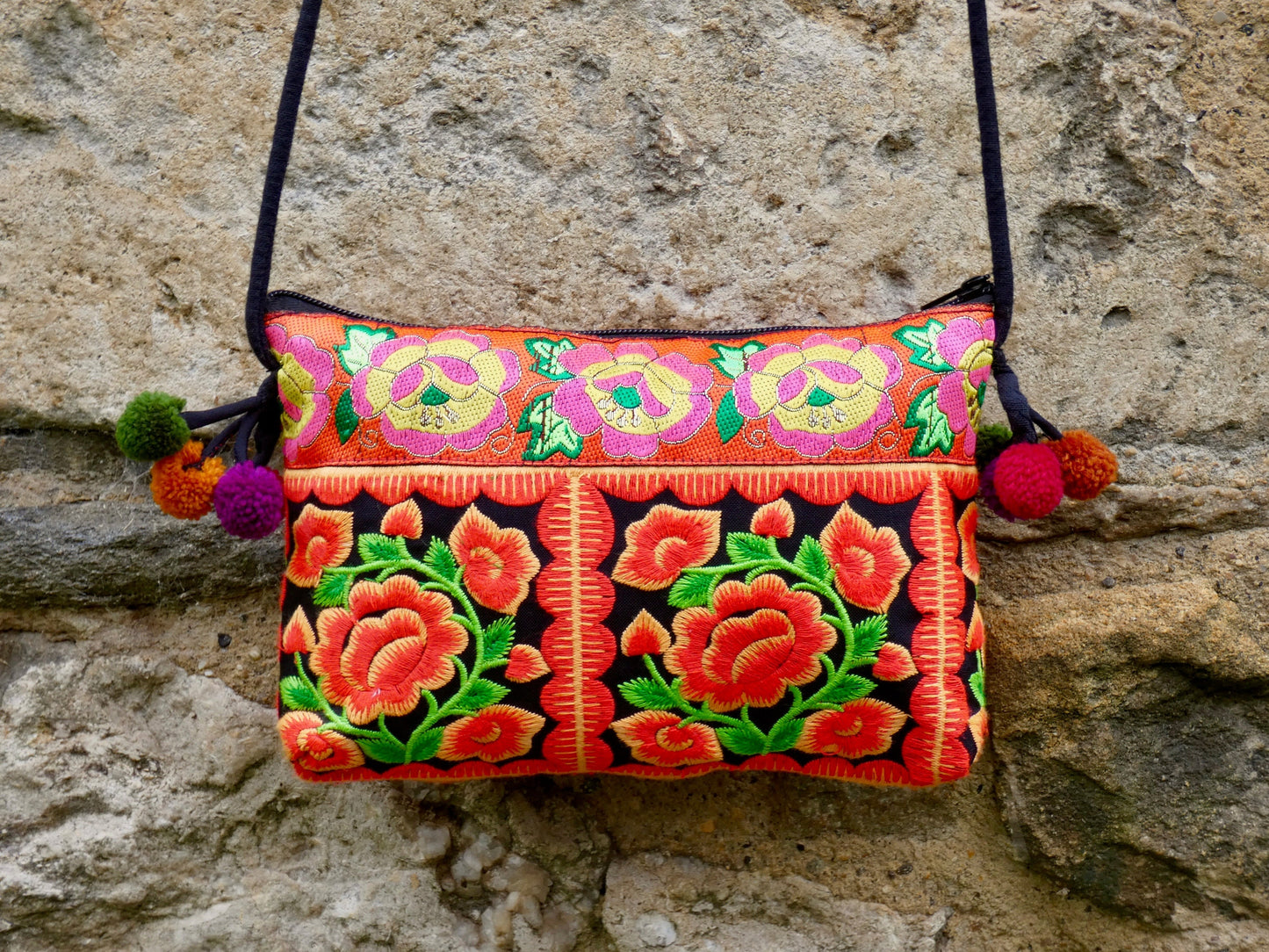 Orange Floral Embroidered Small Crossbody Thai Bag