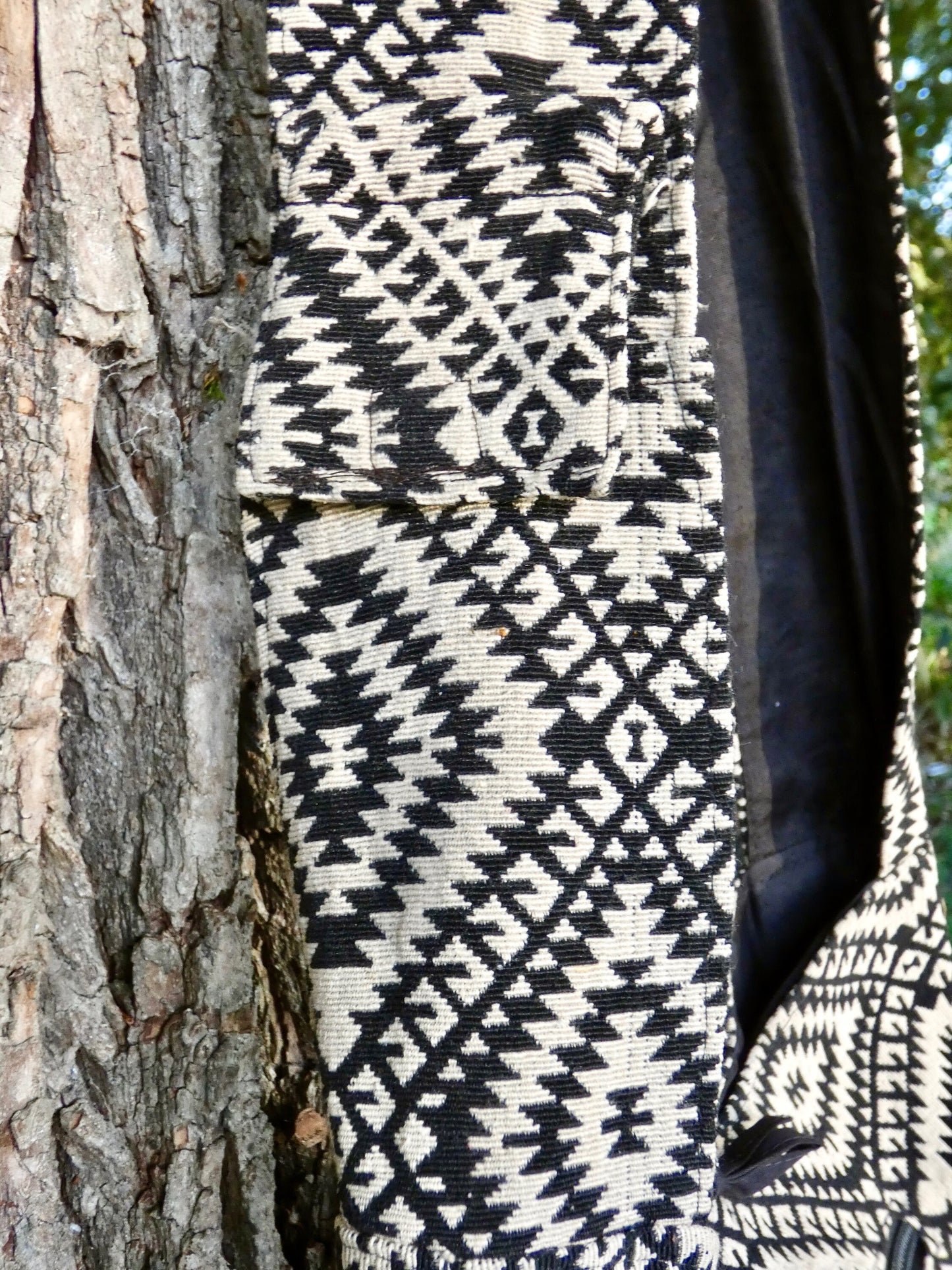 Black Geometric Woven Cotton Bucket Bag