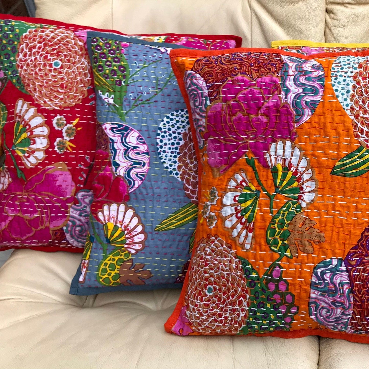 Red Floral Kantha Cushion Cover