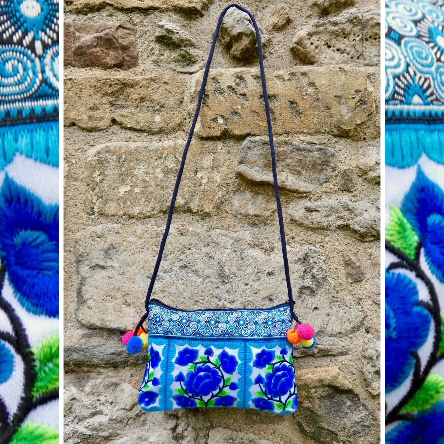 Blue Floral Embroidered Small Crossbody Thai Bag