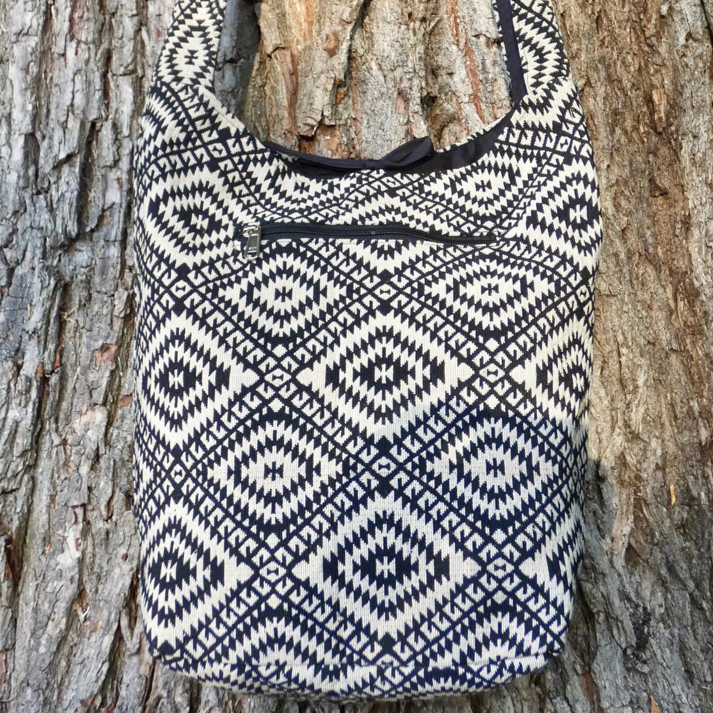 Black Geometric Woven Cotton Bucket Bag