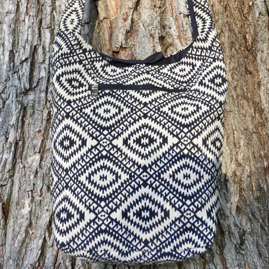 Black Geometric Woven Cotton Bucket Bag