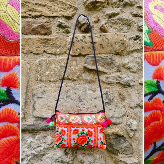 Orange Floral Hmong Embroidered Small Crossbody Bag