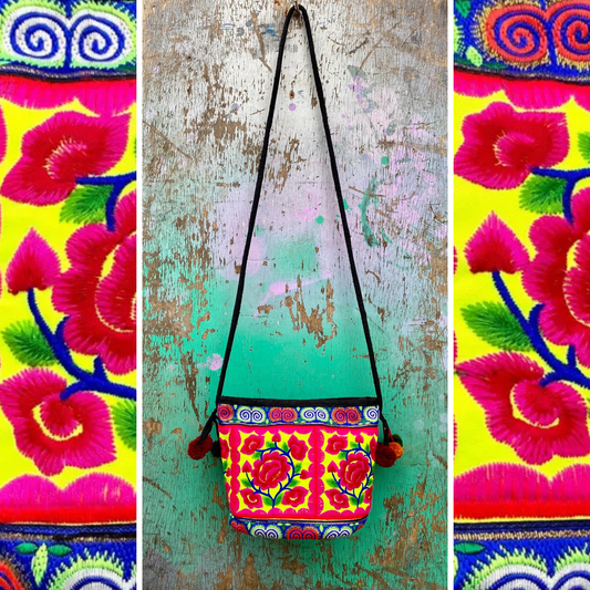 Pink Floral Embroidered Thai Crossbody Bag
