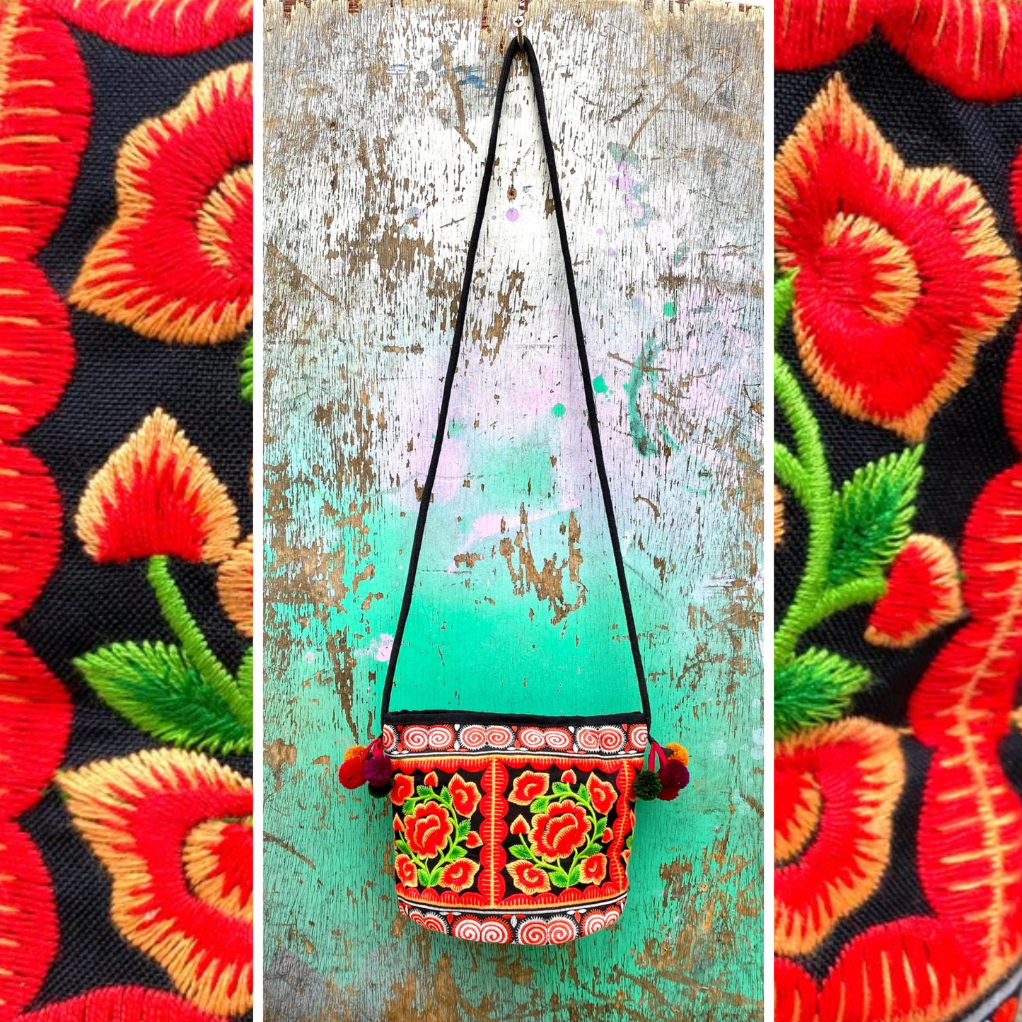 Red Floral Embroidered Thai Crossbody Bag