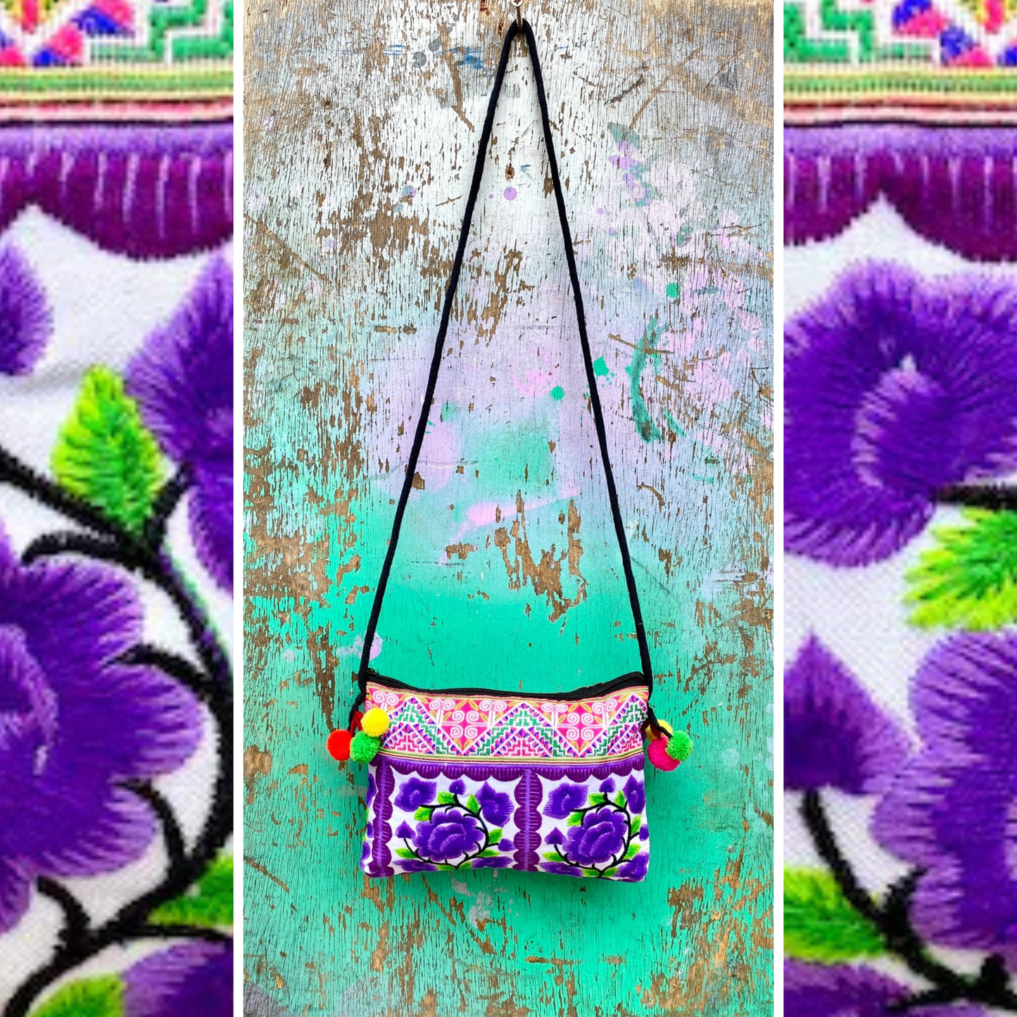 Purple Floral Hmong Embroidered Small Crossbody Bag