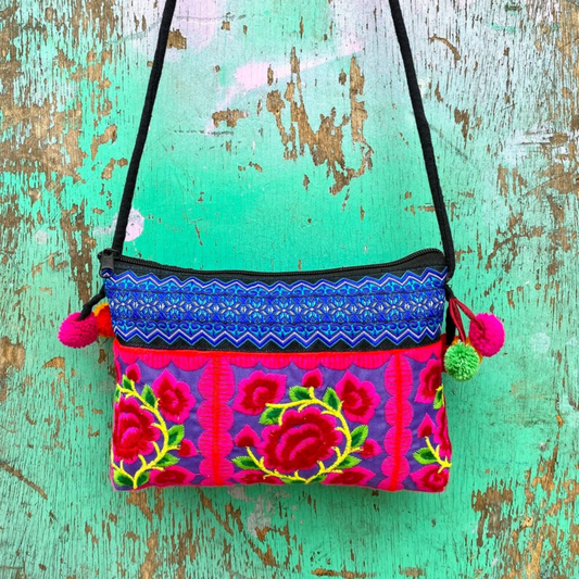 Pink Floral Hmong Embroidered Small Crossbody Bag