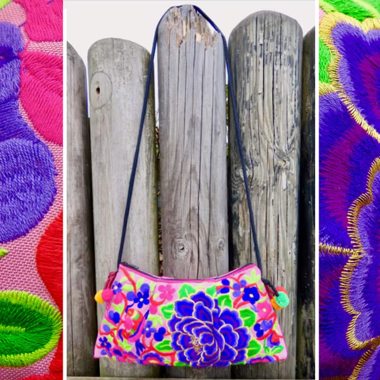 Purple Floral Embroidered Crossbody Thai Sling Bag