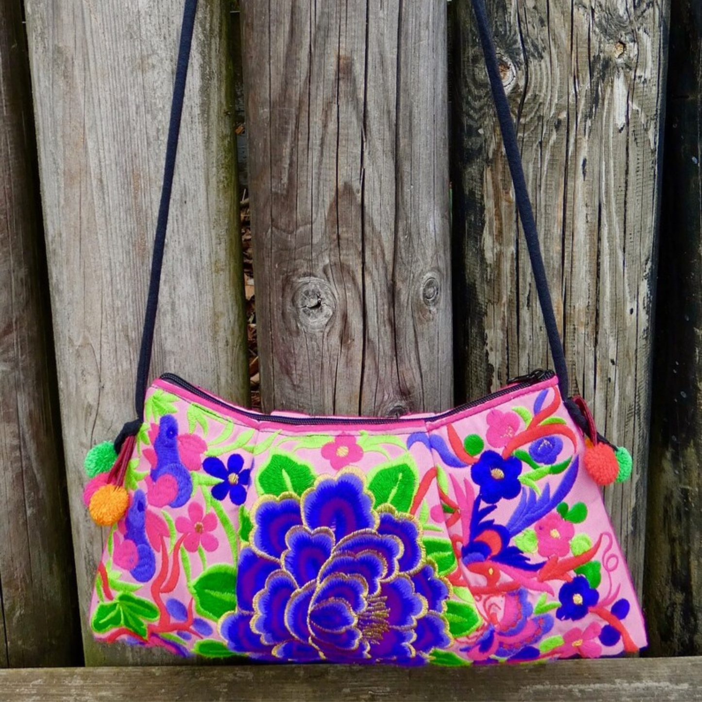 Purple Floral Embroidered Crossbody Thai Sling Bag