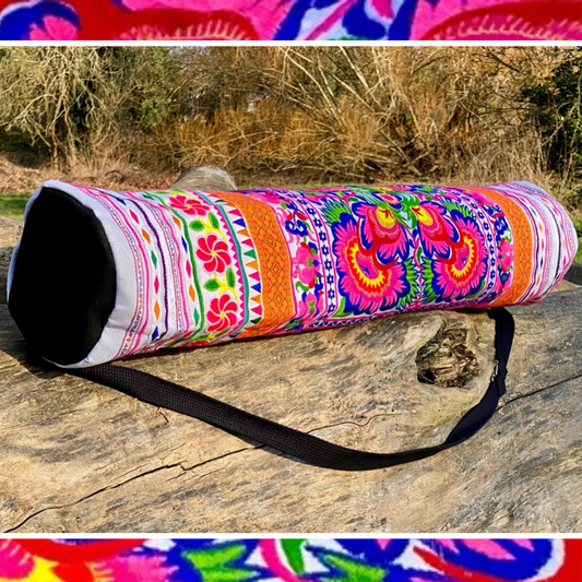 Colourful Floral Hmong White Yoga Mat Bag