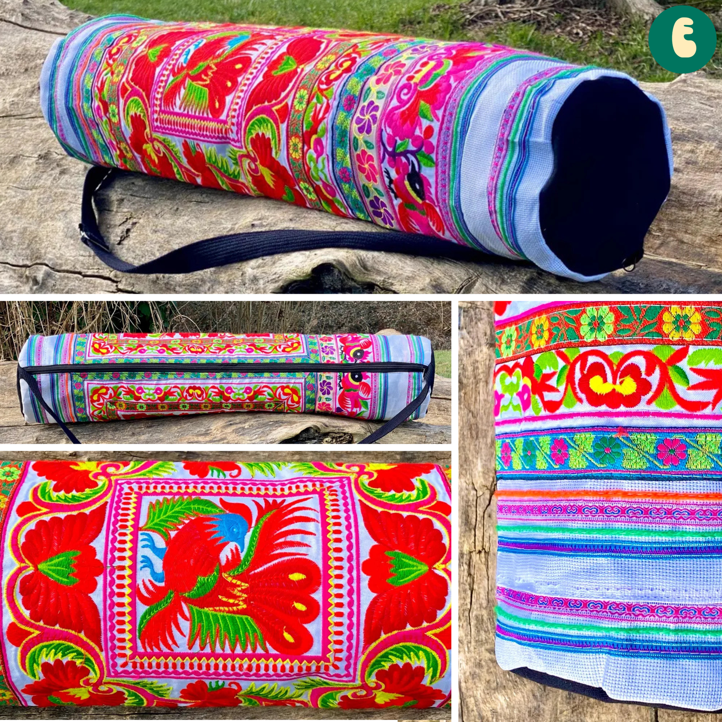 Colourful Floral Hmong White Yoga Mat Bag
