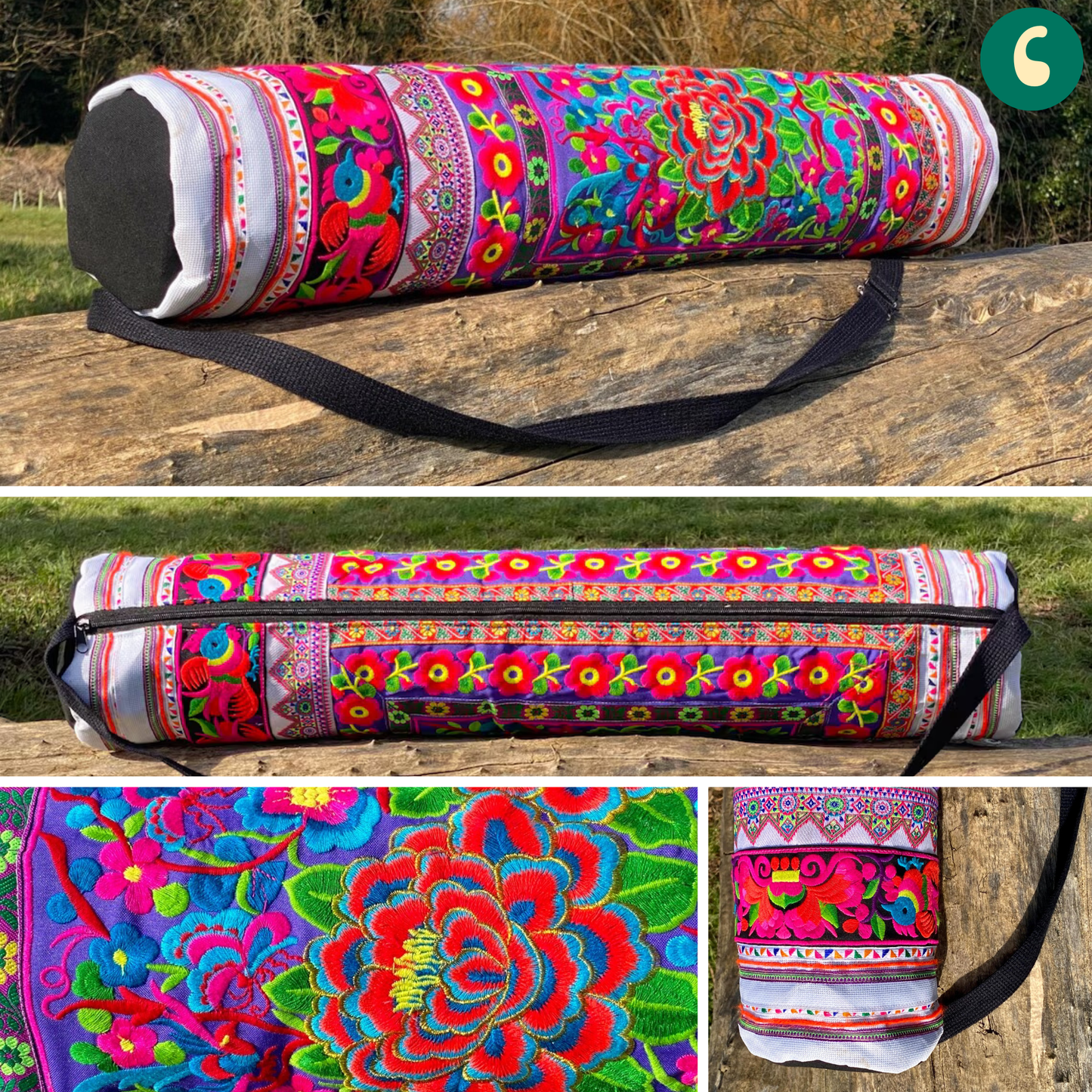 Colourful Floral Hmong White Yoga Mat Bag