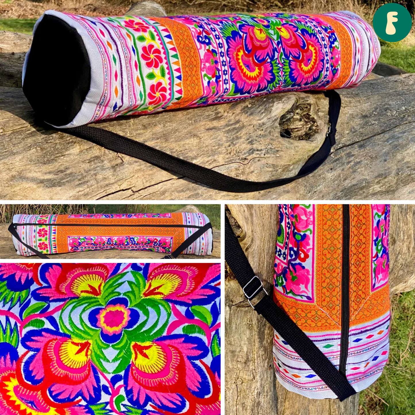Colourful Floral Hmong White Yoga Mat Bag