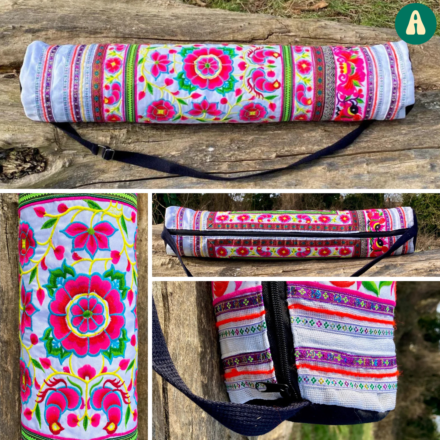 Colourful Floral Hmong White Yoga Mat Bag