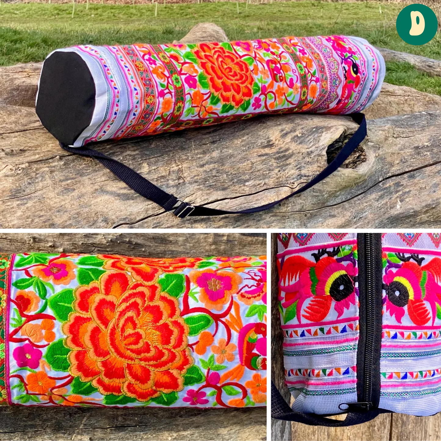 Colourful Floral Hmong White Yoga Mat Bag