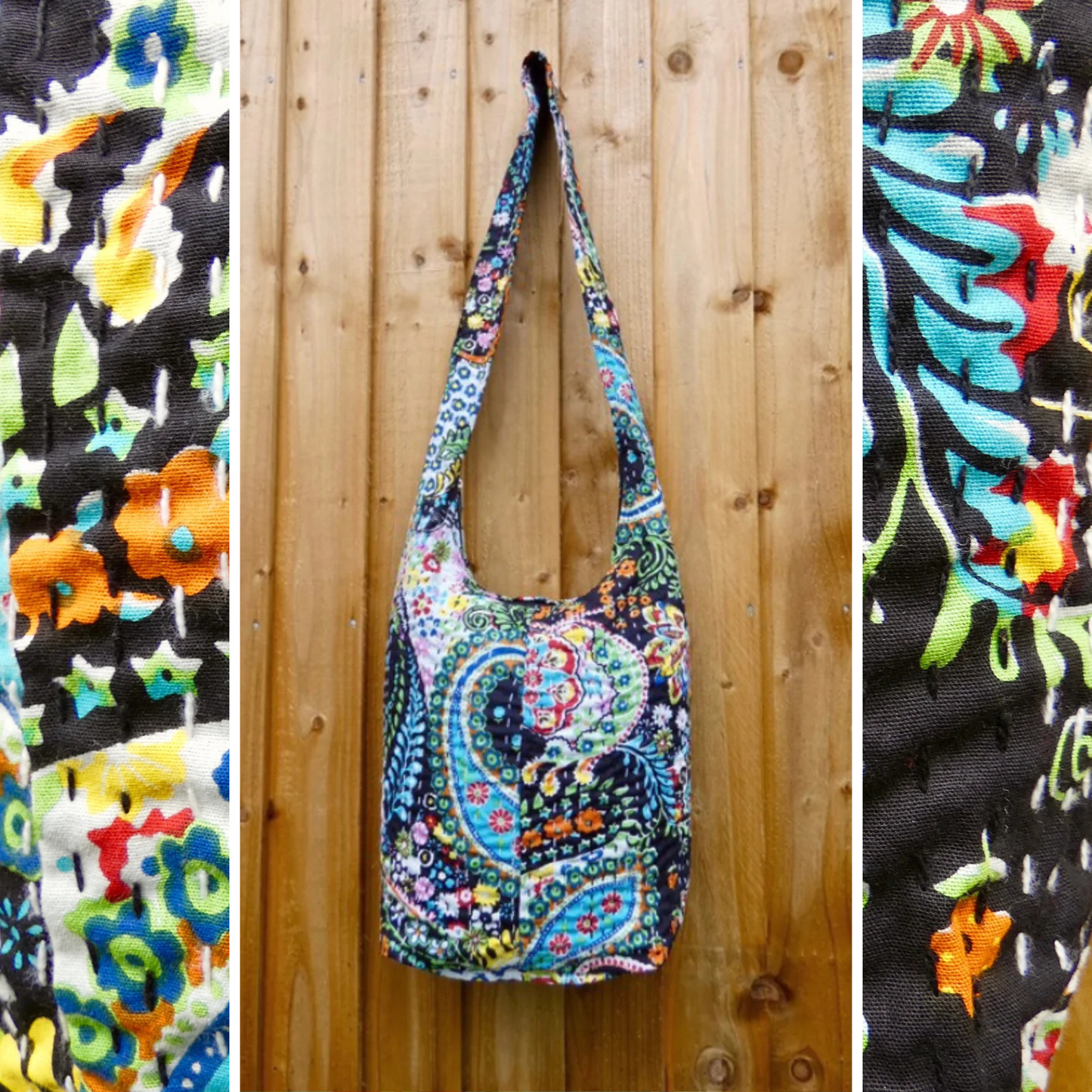 Black and Bright Indian Kantha Bucket Bag