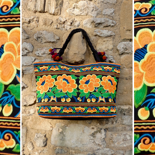 Orange Floral Embroidered Hmong Tote Bag