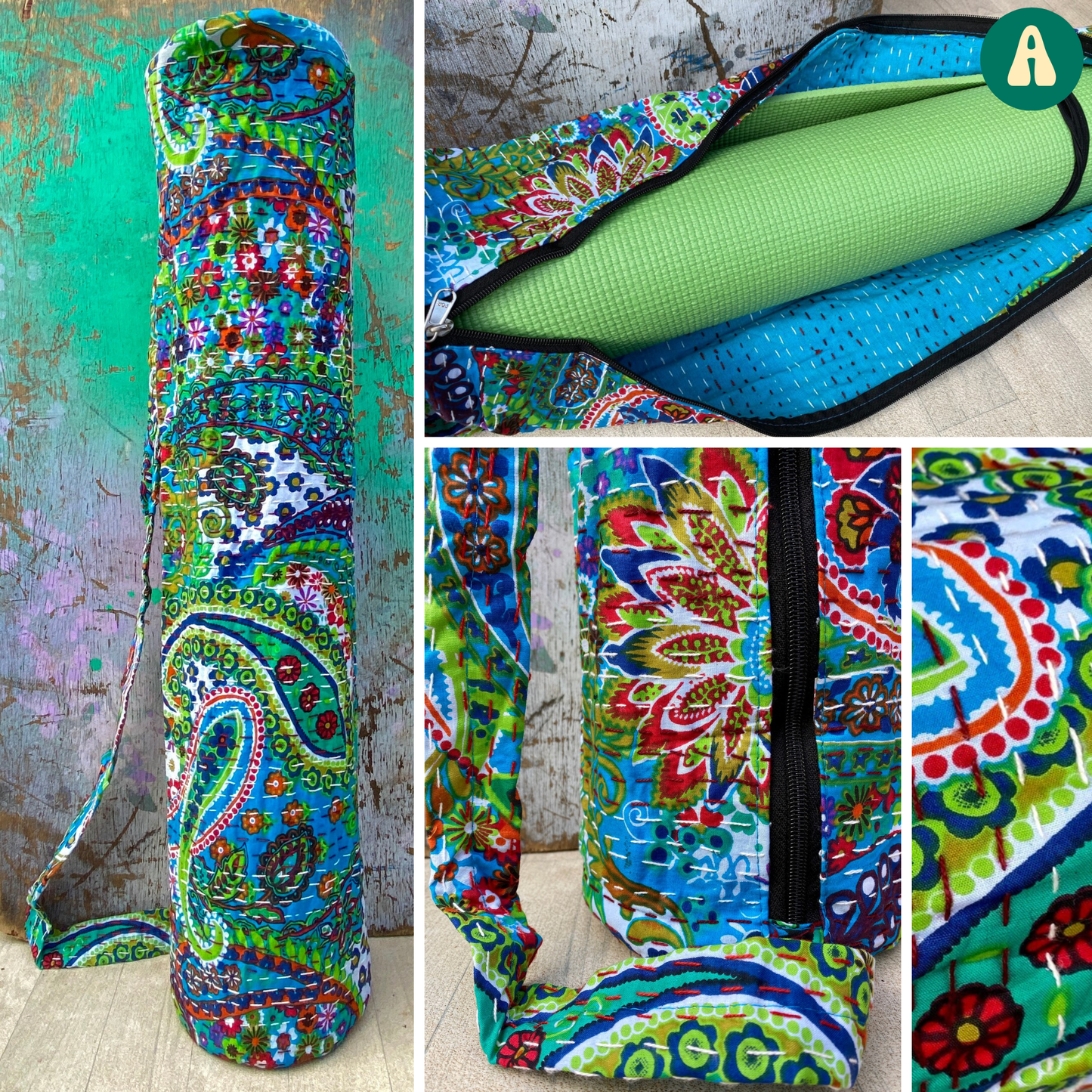 Paisley Forest Cotton Kantha Yoga Bag