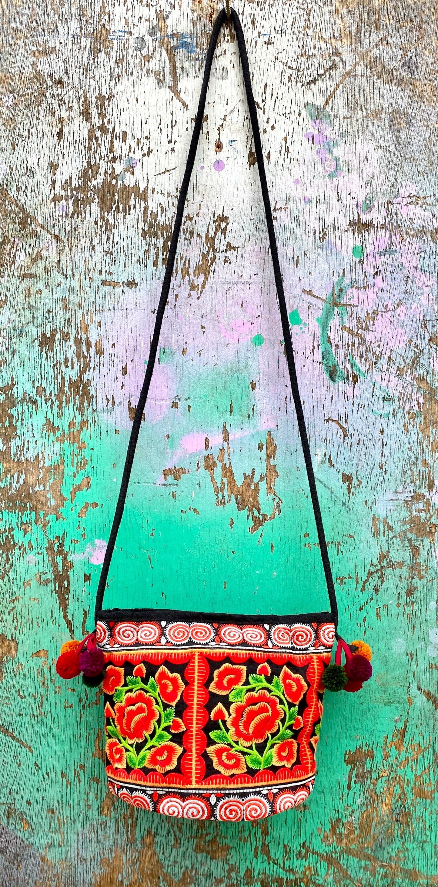 Red Floral Embroidered Thai Crossbody Bag