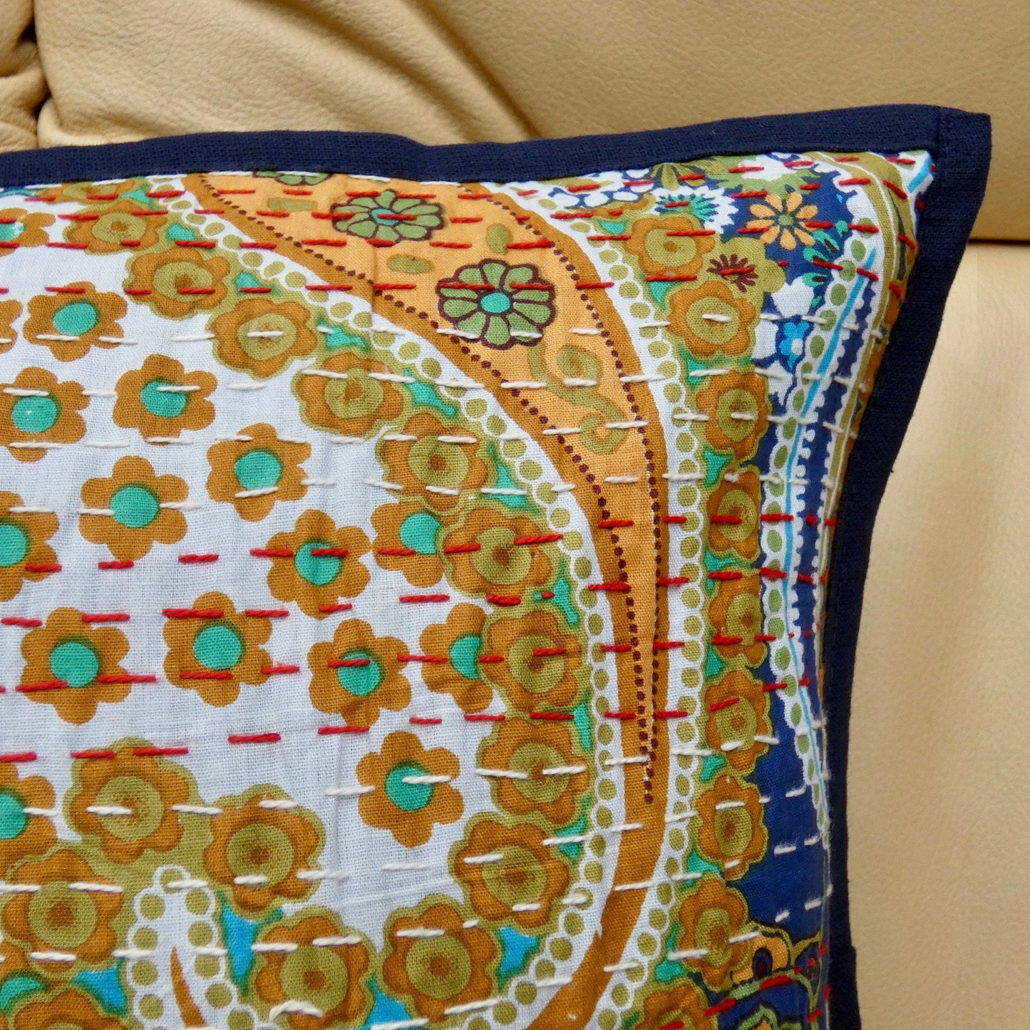 Blue Paisley Kantha Cushion Cover