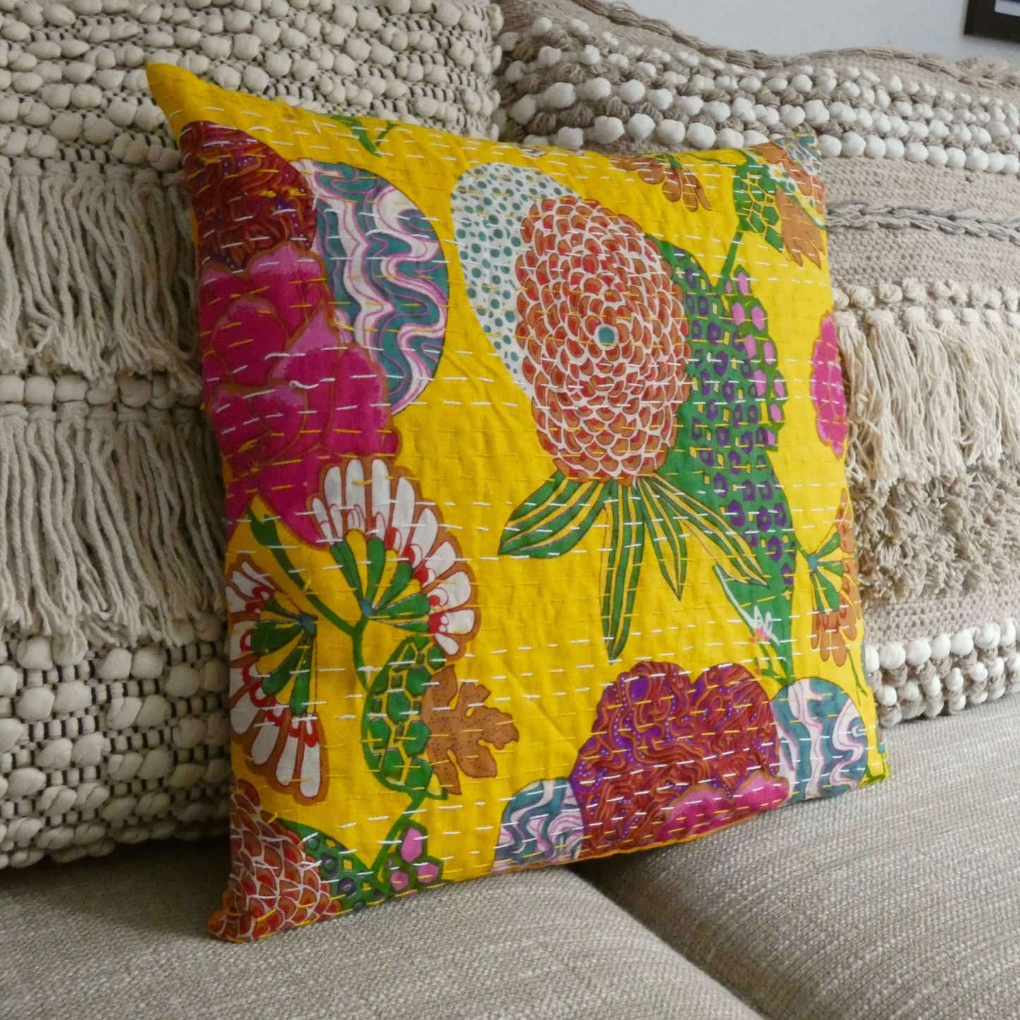 Yellow Floral Kantha Cushion Cover